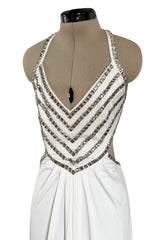 Stellar 1970s Luis Estevez Backless White Jersey Dress w Silver Studded Front