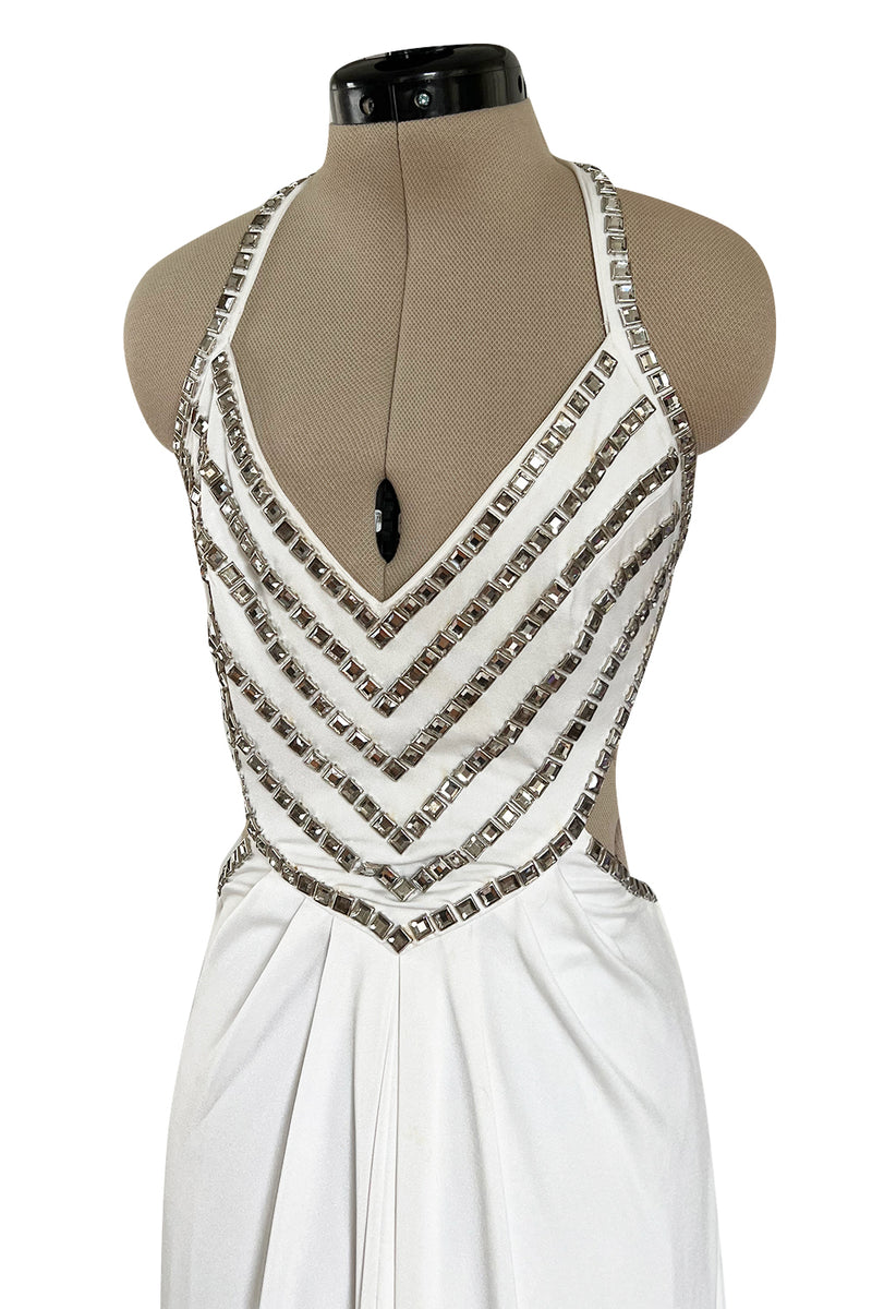 Stellar 1970s Luis Estevez Backless White Jersey Dress w Silver Studded Front