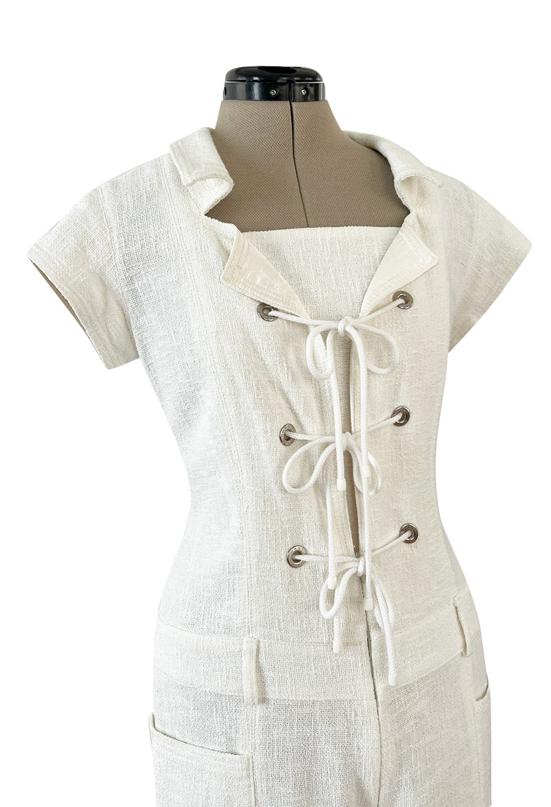Fabulous 2007 Chanel Resort Runway Textured White Lace Front Pocket Jumpsuit