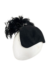 Documented Fall 1996 Chanel Black Felt Half Cap w High Feather Detailing