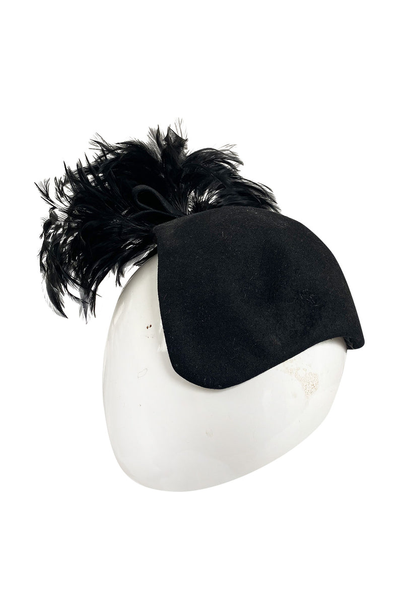 Documented Fall 1996 Chanel Black Felt Half Cap w High Feather Detailing