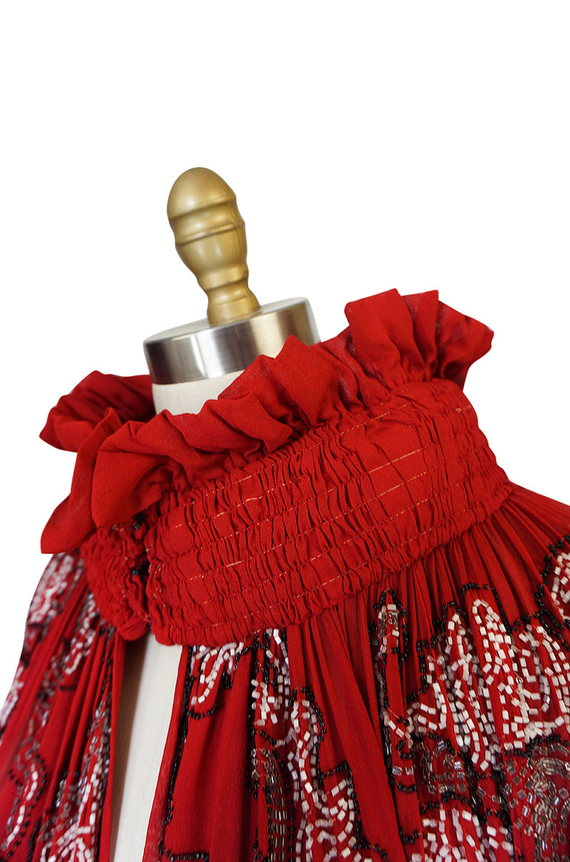 1920s House of Adair Densely Beaded Red Silk Cape