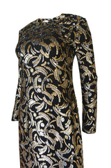 1970s Galanos Metallic Silver & Gold Lurex on Black Silk Dress