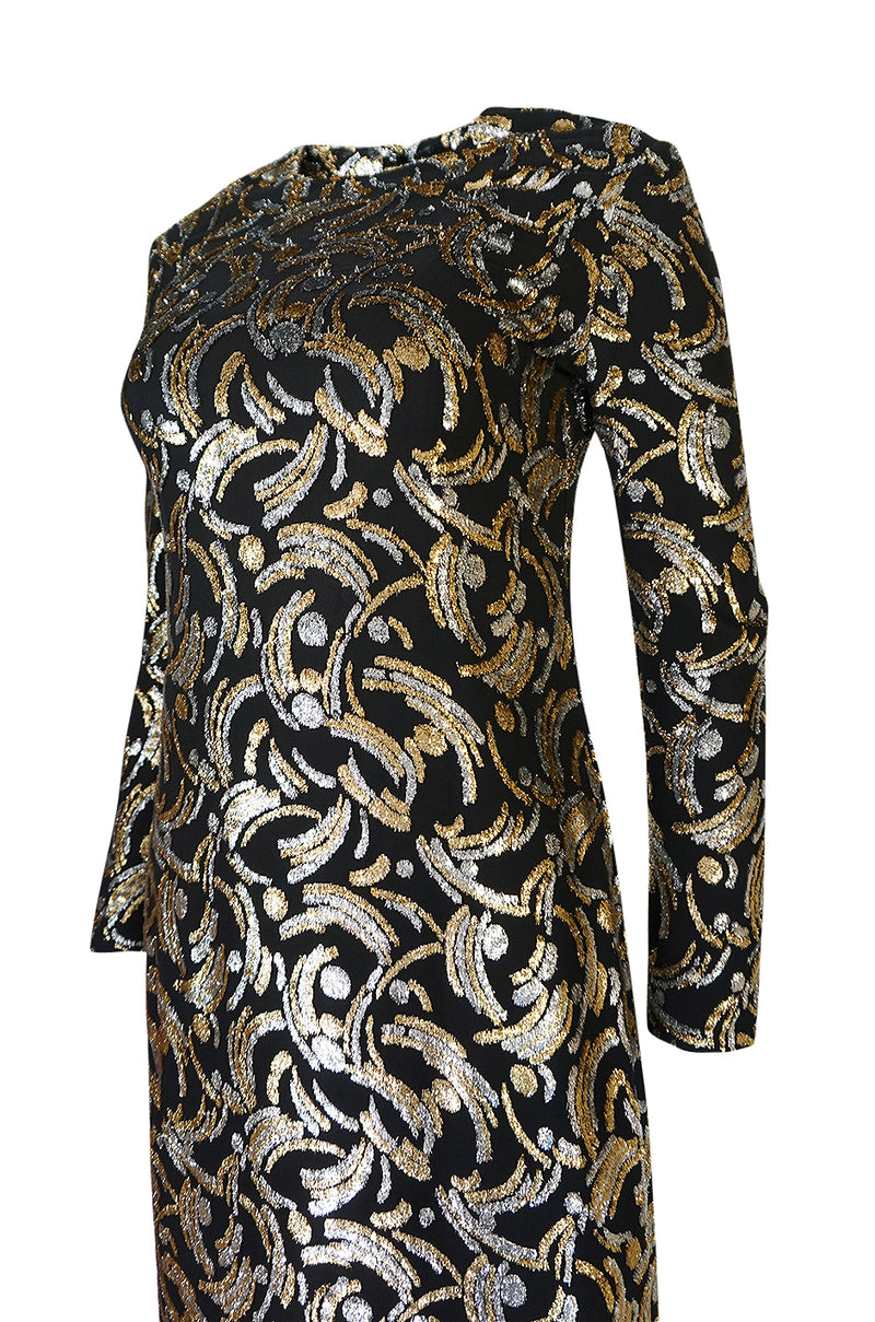 1970s Galanos Metallic Silver & Gold Lurex on Black Silk Dress