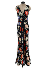 Beautiful 1930s Bias Cut Heavy Silk Satin Floral Print Dress w Scalloped Edged Jacket