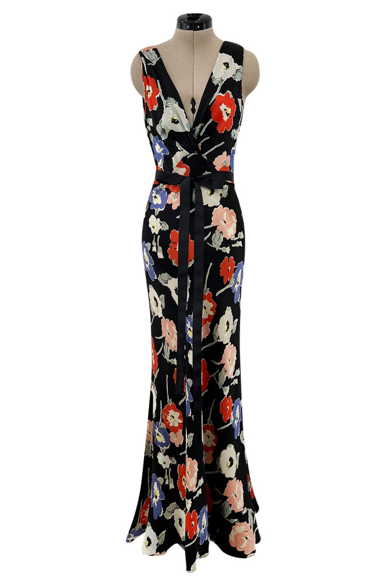 Beautiful 1930s Bias Cut Heavy Silk Satin Floral Print Dress w Scalloped Edged Jacket