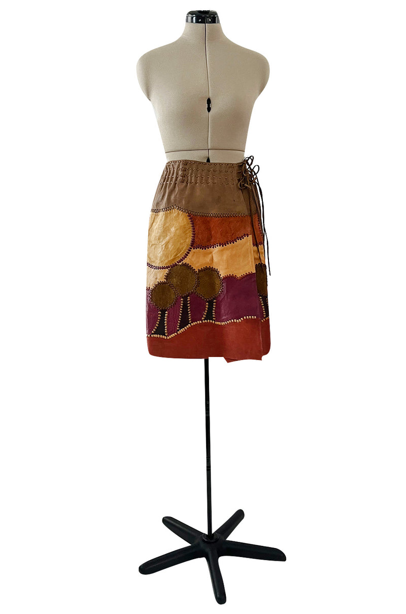 Extraordinary 1960s Char Hand Made Leather & Suede Wrap Scenic Patchwork Skirt