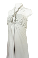 1970s Victoria Royal Pale Grey Jersey Dress w Jeweled Ring Collar