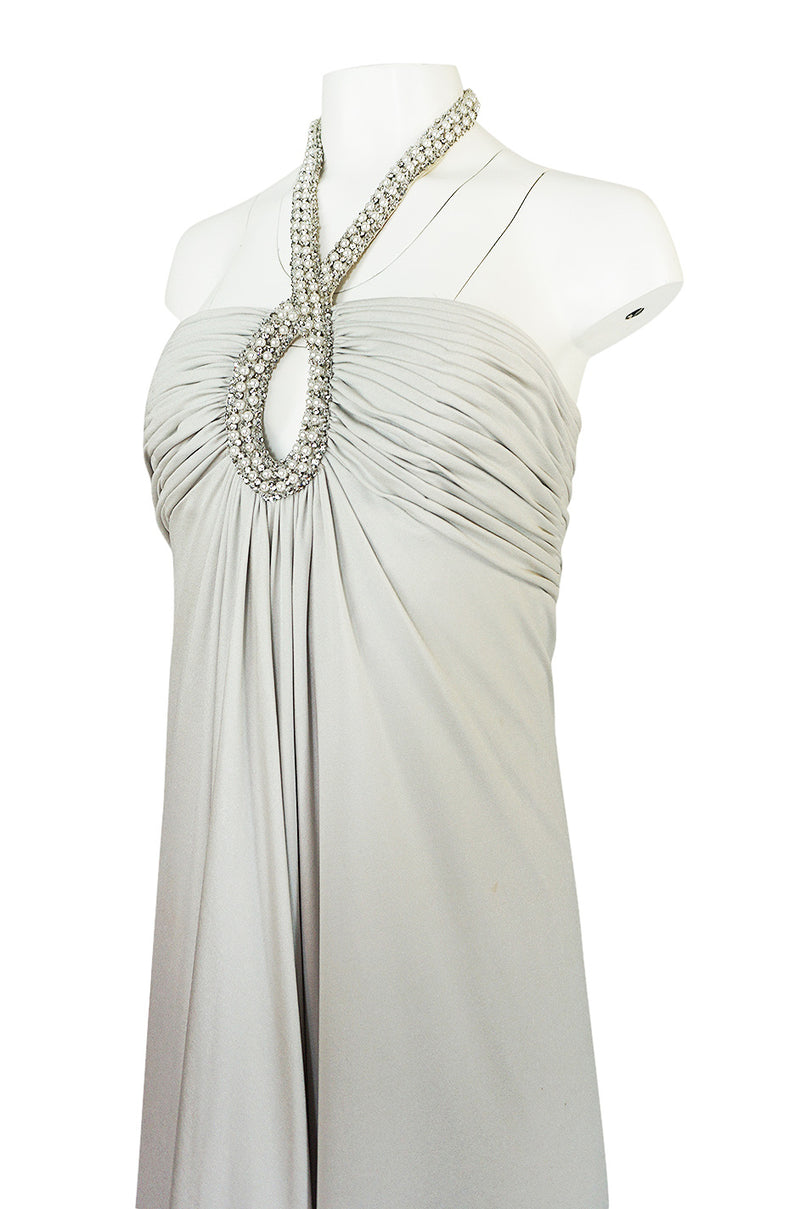 1970s Victoria Royal Pale Grey Jersey Dress w Jeweled Ring Collar