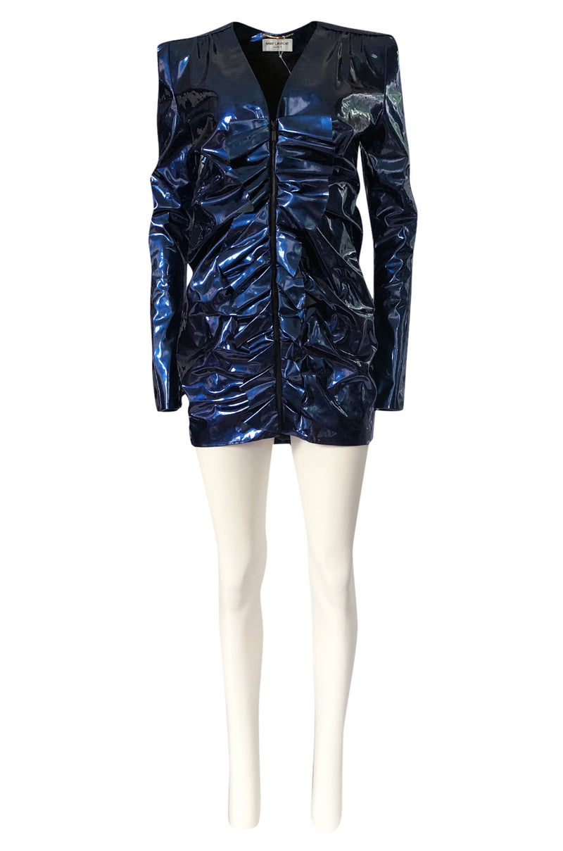 Fall 2017 Yves Saint Laurent Blue Patent Leather Ruffled Runway Dress Shrimpton Couture Fall 2017 Yves Saint Laurent Blue Patent Leather Ruffled Runway Dress Shrimpton Couture