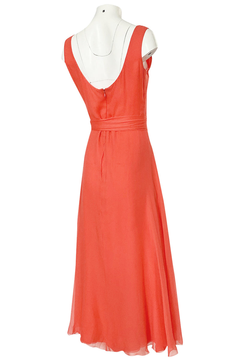 Prettiest 1970s George Stavropoulos Coral Silk Chiffon Dress Capelet & Sash