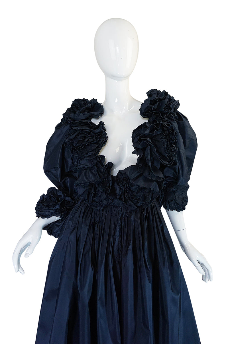 1980s Bill Blass Midnight Blue Silk Taffeta Plunging Ruffled Dress
