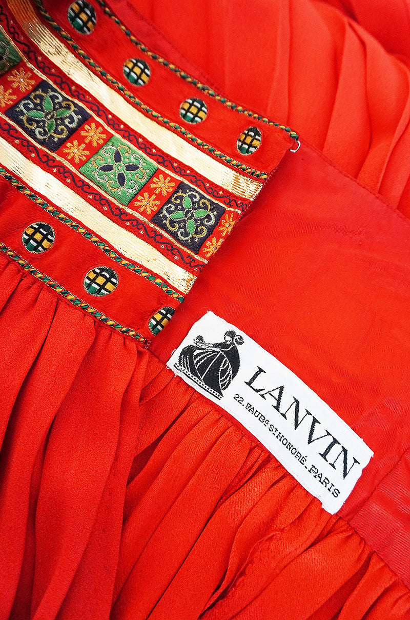 1970s Red Lanvin Demi-Couture Pleat & Silk Brocade Skirt