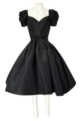 1950s Unlabeled Very Well Made Black Silk Full Skirted Silk Cocktail Dress
