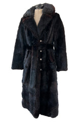 Gorgeous 1970s Christian Dior by Frederic Castet Rich Brown-Black Fur Coat w Tie Belt