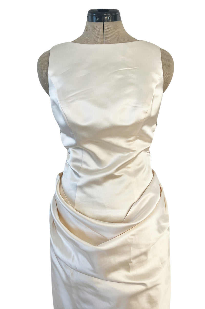 2000s Oleg Cassini Couture Ivory Silk Satin Wedding Dress w Open Beaded Sides & Train