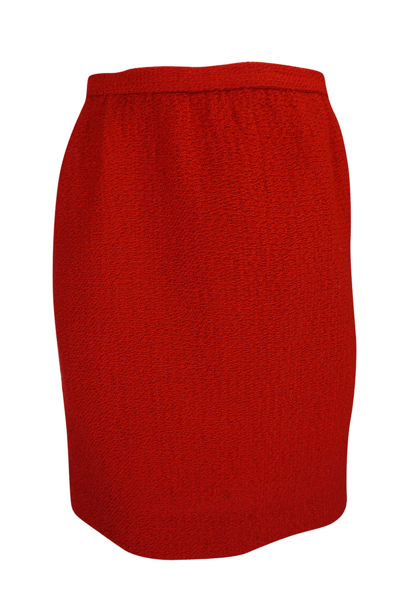 c1978-1985 Chanel Red Boucle Cropped Jacket & Skirt Suit