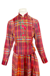 Rare 1970s Kenzo Woven and Floral Embroidered Jacket & Skirt Suit Set