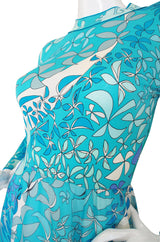 1970s Turquoise Blue Silk Bessi Maxi Dress
