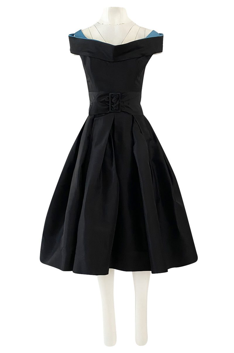 1950s Nettie Rosenstein Black Silk Full Skirted Dress w Interesting Blue Trim Neckline