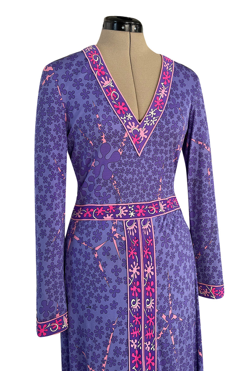 Gorgeous 1960s Bessi Light Purple & Pink Printed Silk Jersey Dress w V Neck & Slit Front