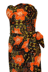 1950s Unlabeled Cotton Hawaiian Orange & Tan Floral Print Dress