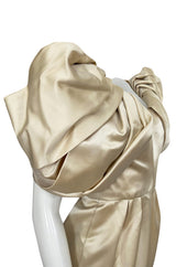 1980s Jacqueline De Ribes Ivory Silk Satin Dress w Amazing Sleeves