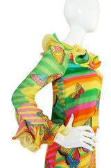c1965-67 Hanae Mori Butterfly Print Ruffled Silk Dress & Shawl