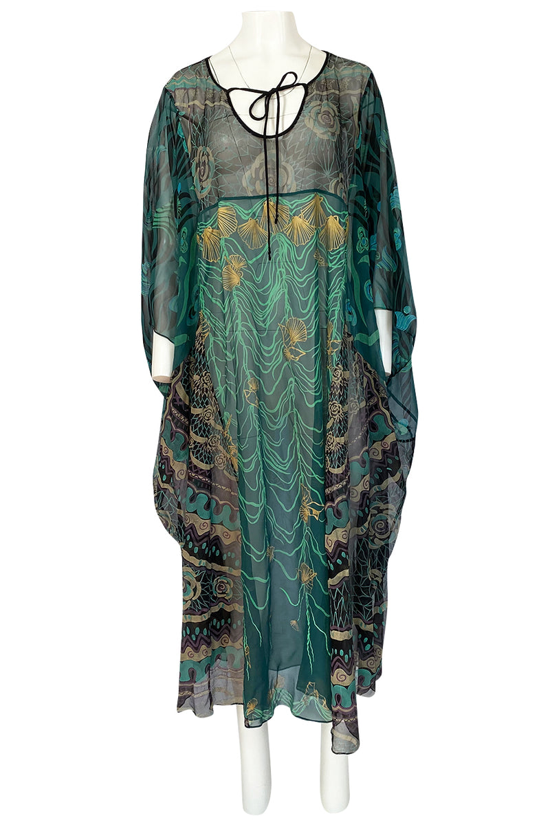 1980s Zandra Rhodes Hand Painted Shell & Floral Green Silk Caftan Dress