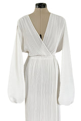 Incredible Spring 1978 Halston Plunged & Pleated White Wrap Silk Chiffon Runway Dress