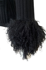 c. 1973 Yves Saint Laurent Black Ribbed Knit Sweater w Mongolian Fur Trimmed Collar & Cuffs