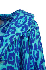 1970s La Mendola Silk Jersey Blue Print Dress & Knit Jersey Coat Set