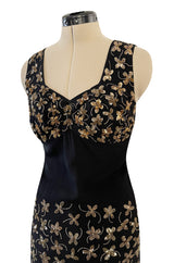Incredible 1930s Black Moss Silk Crepe Dress Densely Covered w Rare Gelatin Sequins & Seed Beads