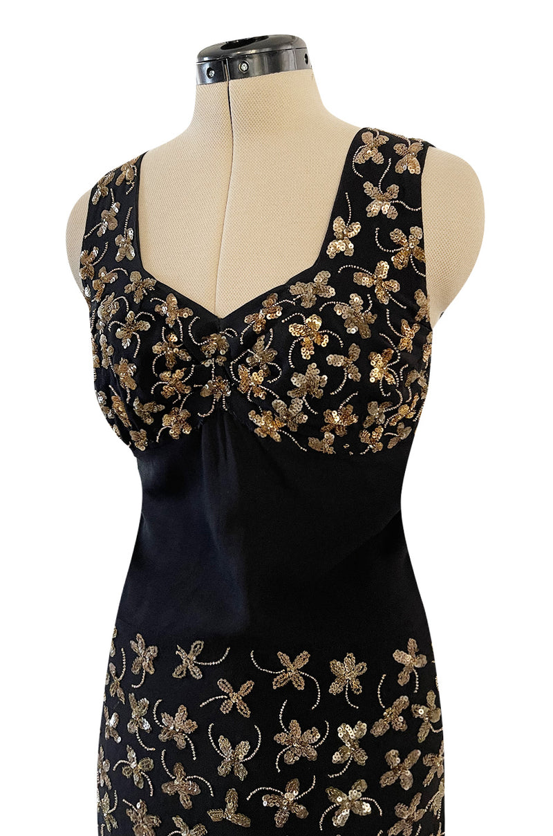Incredible 1930s Black Moss Silk Crepe Dress Densely Covered w Rare Gelatin Sequins & Seed Beads
