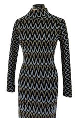 Incredible 1970s Loris Azzaro Metallic Silver & Gold Black On Black Knit Dress