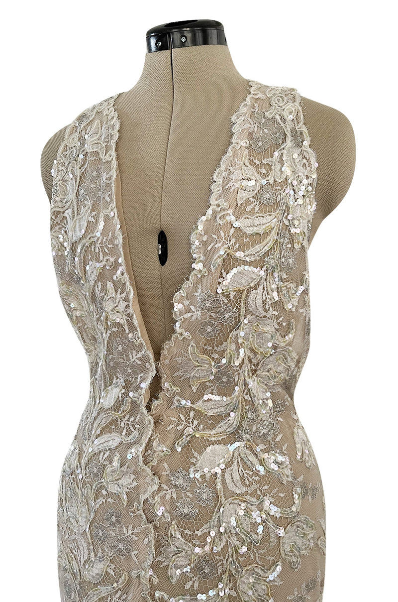 Feather Light Early 2000s John Anthony Couture Plunging Ivory Lace Dress w Sequin Detailing