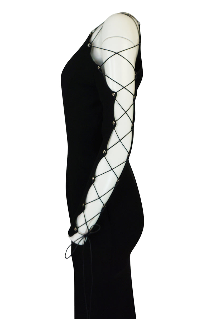 Fall 1991 Gianni Versace Couture Laced Up Sleeve Corset Dress