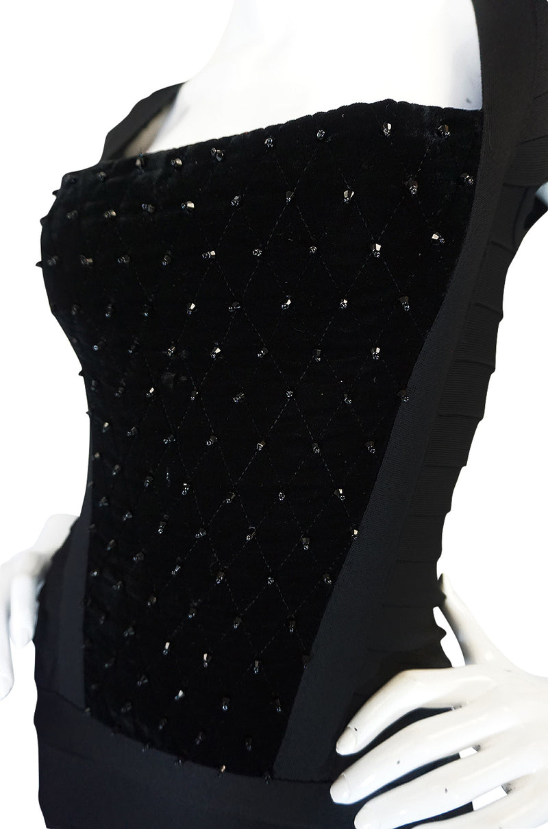 1990s Herve Leger Velvet & Bead Front Detailed Bandage Dress