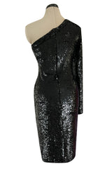 Early 2000s John Anthony Couture One Shoulder & Sleeve Densely Sequinned Glossy Black Dress