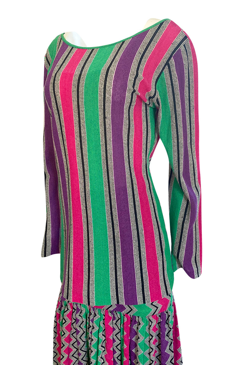 1980s Missoni Cotton Linen Green Purple & Pink Striped Skirt Tunic Set