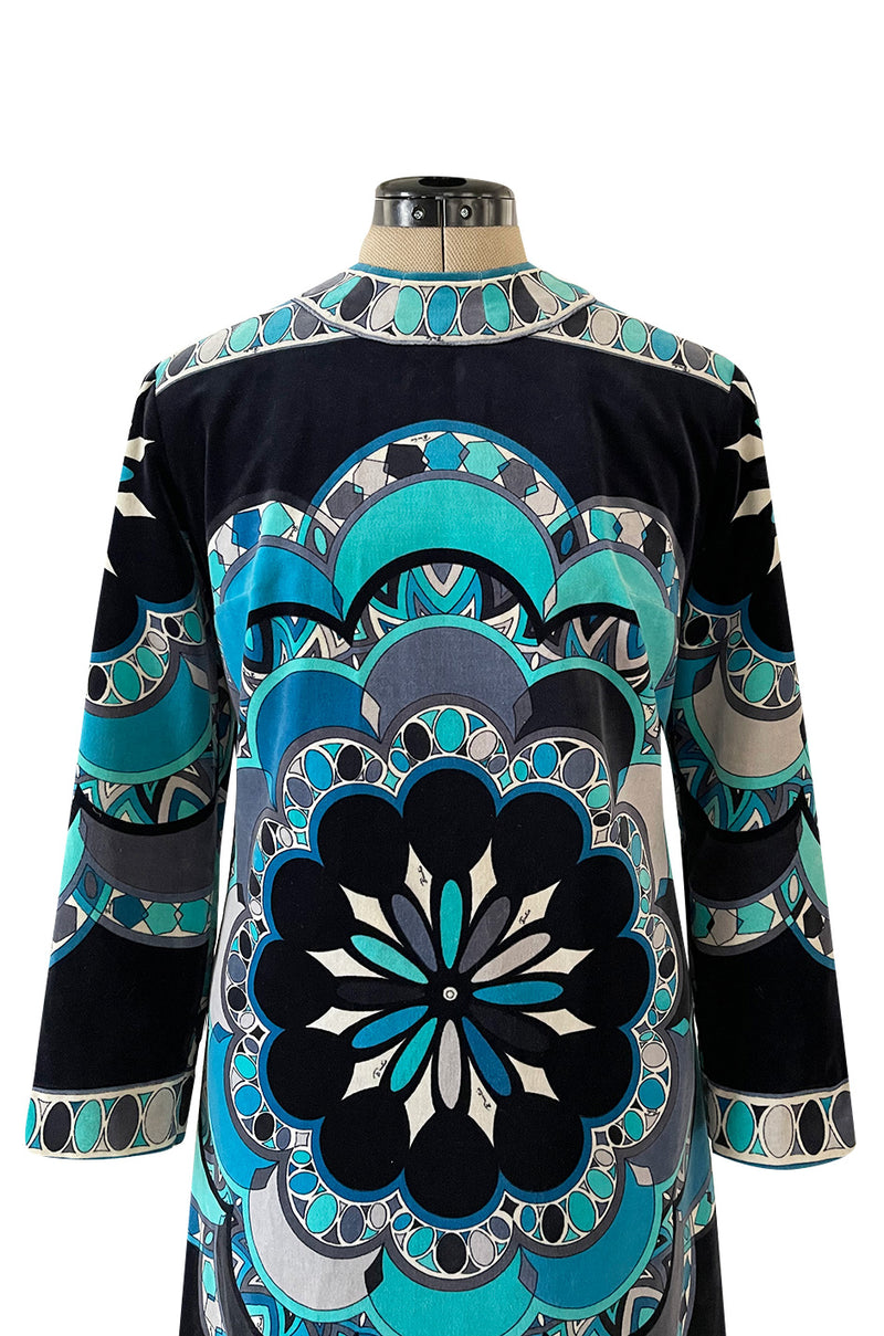 Gorgeous 1960s Emilio Pucci Velvet Dress in Ocean Blues & Classic Circle Print