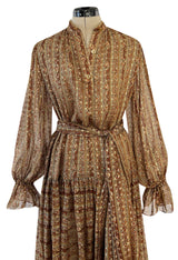 Fall 1977 Oscar De La Renta Feather Light Metallic Chiffon Dress & Extra Long Sash