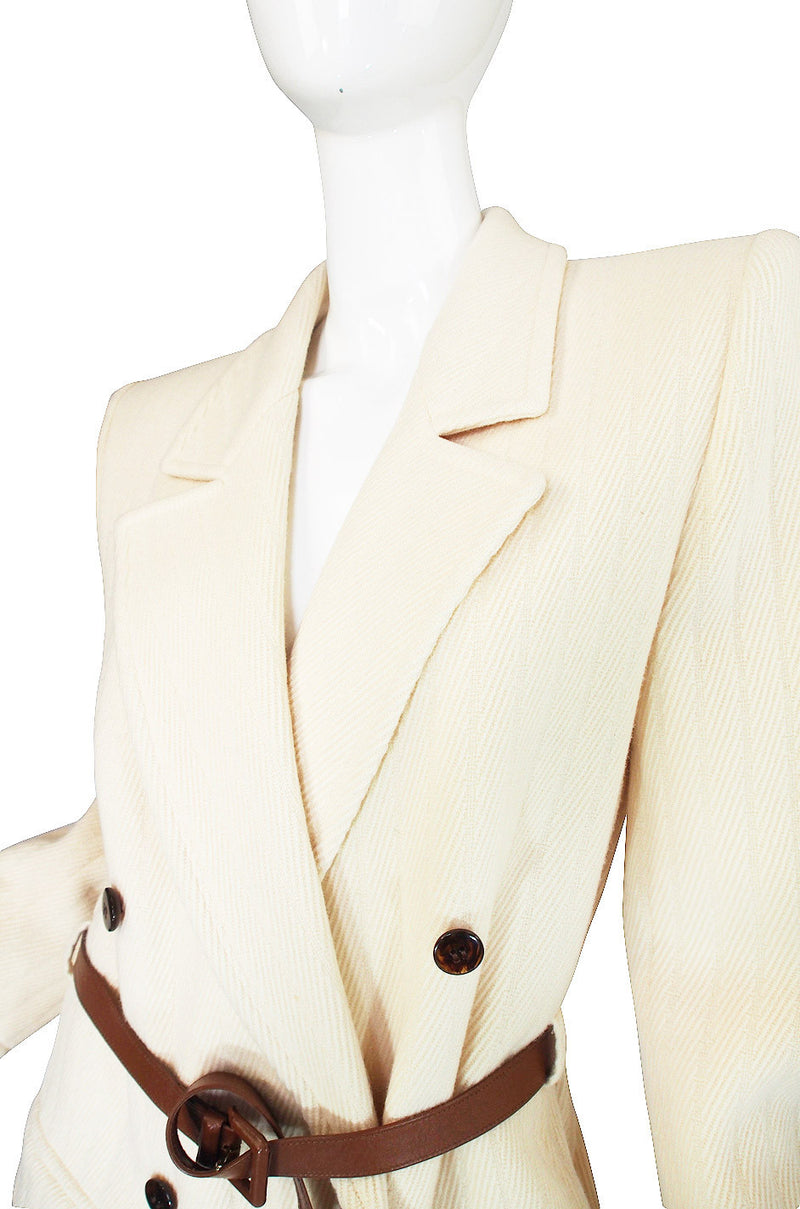 1980s Valentino Belted Ribbed Cream Coat