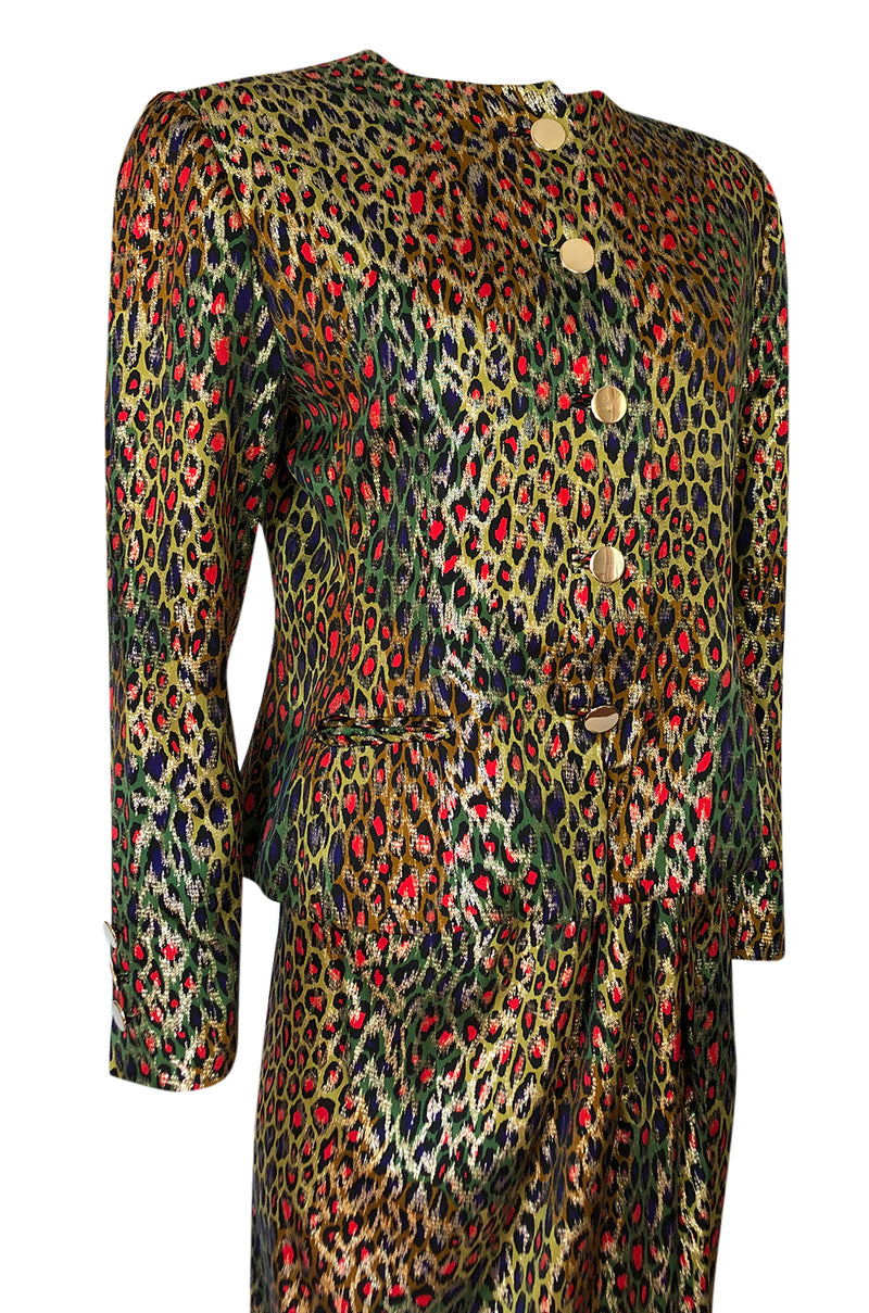 Fall 1989 Bill Blass Gold Silk Lame Leopard Evening Jacket & Skirt Suit