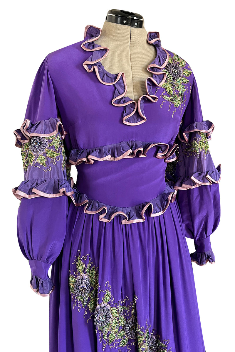 Rare 1960s Tiziani Couture by Karl Lagerfeld Purple Silk Dress w Intricate Hand Beading