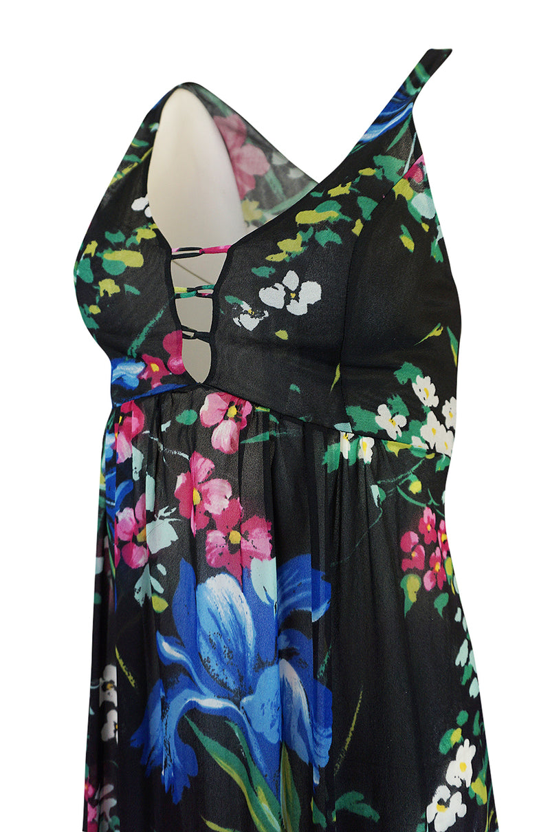 1960s Unlabeled Bright Floral Print On Black Nylon Lingerie Dress