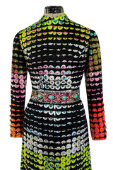 Amazing 1970s Unlabeled Valentina Inc. Rainbow Colored Elaborate Sequin & Bead Detailed Dress