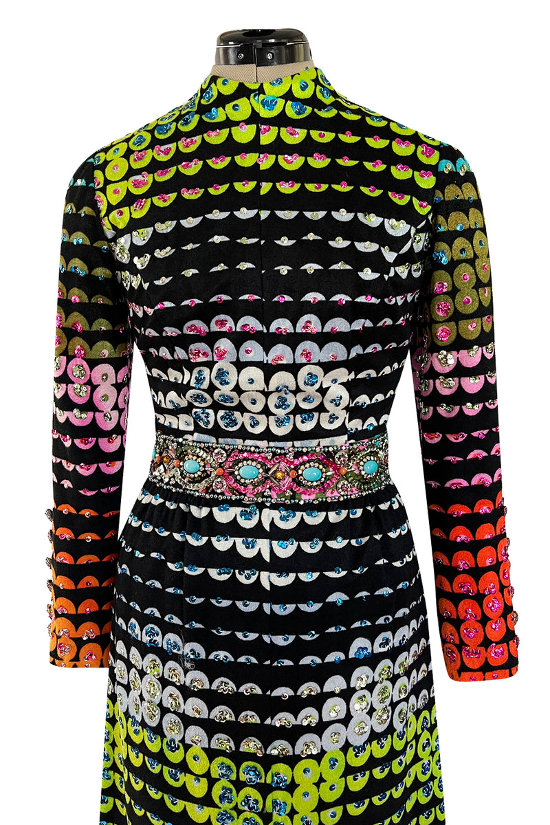 Amazing 1970s Unlabeled Valentina Inc. Rainbow Colored Elaborate Sequin & Bead Detailed Dress