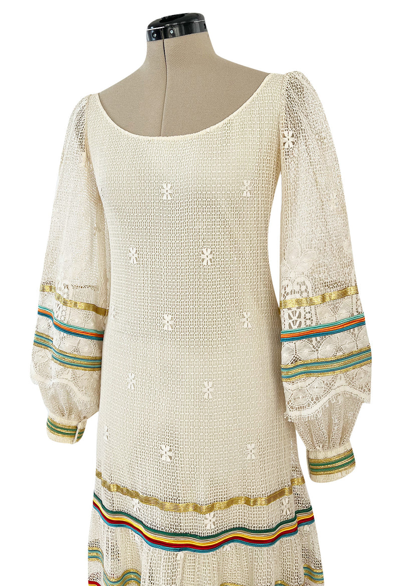 1975 Giorgio Sant' Angelo Hand Crochet Dress w Balloon Sleeves & Metallic Ribbon Detailing