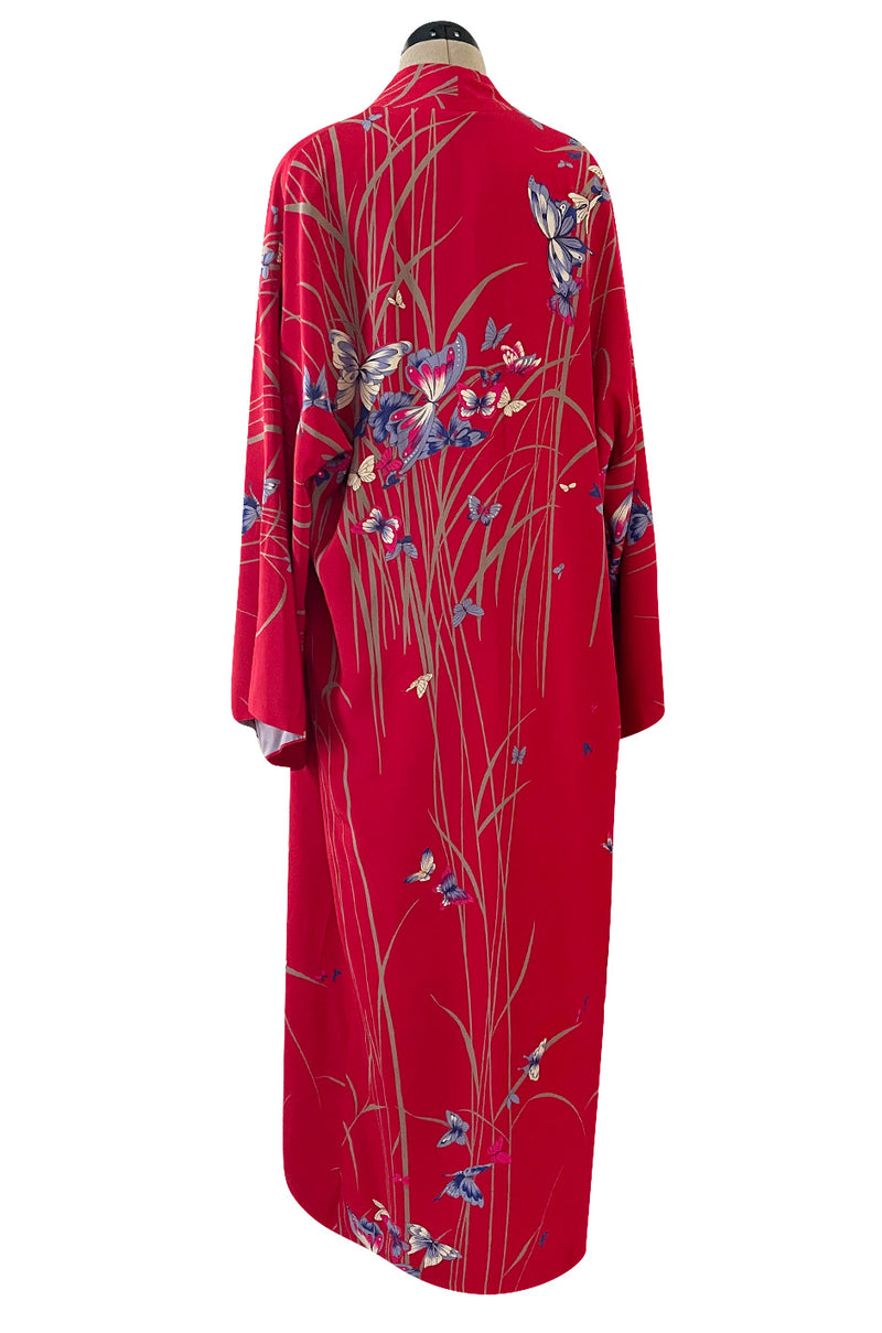 Gorgeous 1970s Hanae Mori Red Silk Kimono Caftan Dress w Sash & Beautiful Butterfly Print